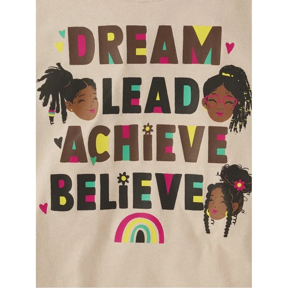 (A4) The Childrens Place Girls XL 14 Dream Lead Achieve Believe Graphic Tee Tan